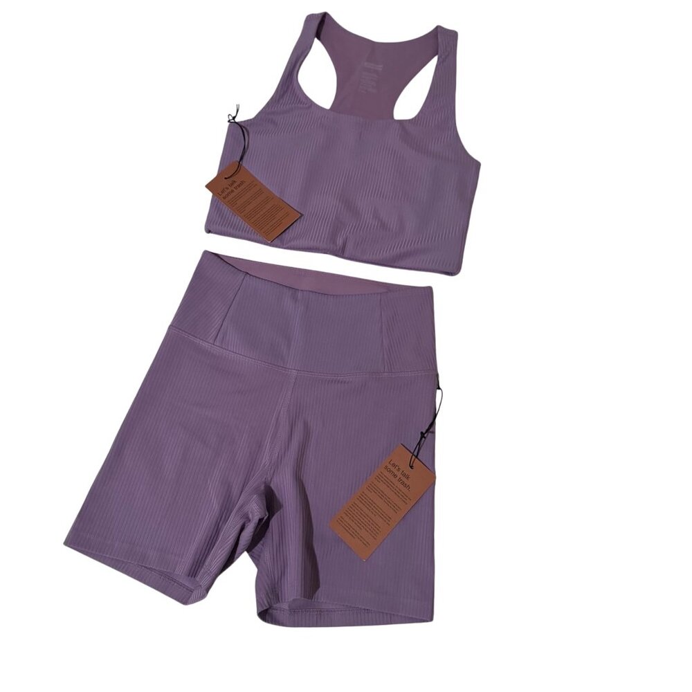 Girlfriend collective womens sport set top sz small & bike short sz XS purple